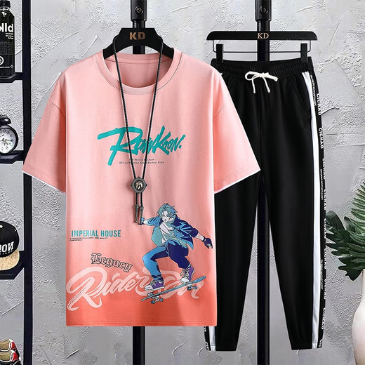 
GEGUSEN (GEGUSEN) teenager short-sleeved T-shirt boy 12-15 years old junior and senior high school students pure cotton clothes big children handsome sports suit trend TZ683 light coffee (short sleeves + long trousers) L (98-110Jin [Jin equals about 0.5 kg])