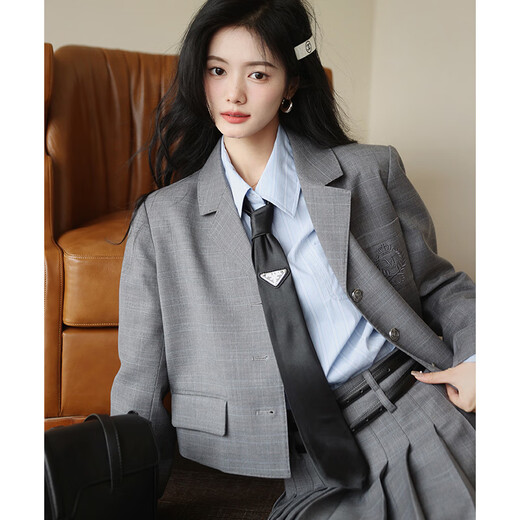 Plum Ripe St. Martin's Temperament Gray Suit Suit Women's British College Style Casual Jacket Half Skirt Gray Plaid (Short Suit) S