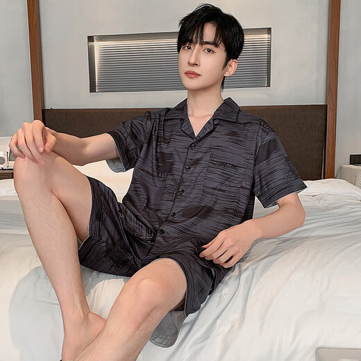 浪莎（LangSha）冰丝睡衣男士夏季短袖薄款仿真丝家居服男式中青年夏天丝绸套装 LQY6636 L 165-170CM/115-130斤