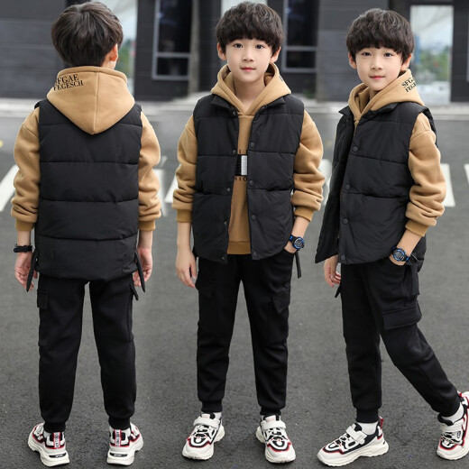 Three-piece set of children's clothing, boys' suit, autumn and winter clothing, 2020 winter new children's suit, thickened vest, velvet sweatshirt, trousers, small head, medium and large children, fashionable little boy winter clothes, trendy khaki color 150 yards (suitable for height 140)