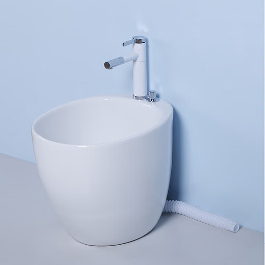 Lujies ceramic footbath, footbath with drain, bathroom porcelain footbath, footbath bucket, household egg-shaped model + white square faucet with full accessories