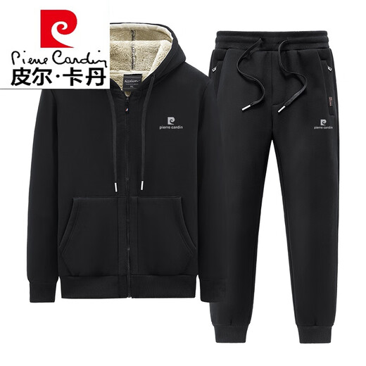 Pierre cardin winter lamb velvet sweatshirt set men's plus velvet thickened warm autumn and winter men's casual sports set knitted black lamb velvet (819+967 straight set) 2XL (130-145Jin [Jin equals 0.5 kg])