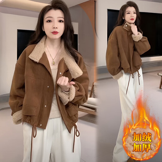 NYIG小个子复古加绒加厚保暖短外套女冬季新款皮毛一体羊羔绒夹克上衣 棕色 M (建议100斤以内)