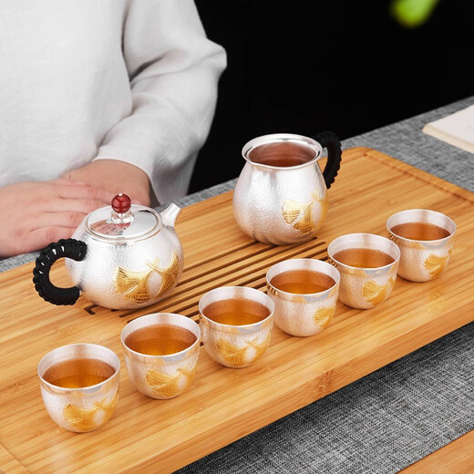 
Lanting Ziyuan Silver Pot Sterling Silver Handmade S999 Tea Set Set Complete Set of Boiling Kettle Tea Pots Fair Cups Kung Fu Tea Set Tea Ceremony High-end Gift Box 9-piece Set 1396g Sterling Silver 999+ Test Certificate