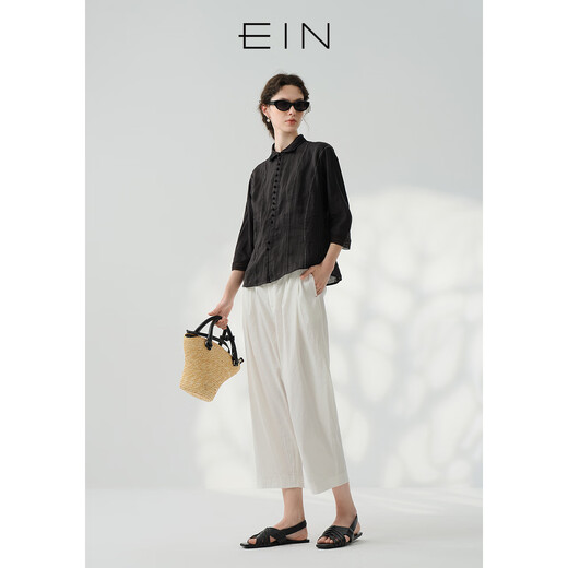 EIN Yan Jing Luxe Light Comfort Mist Three-dimensional Cutting Retro Lace Splicing Ramie Top Shirt Women's Spring and Summer New Graphite Black M