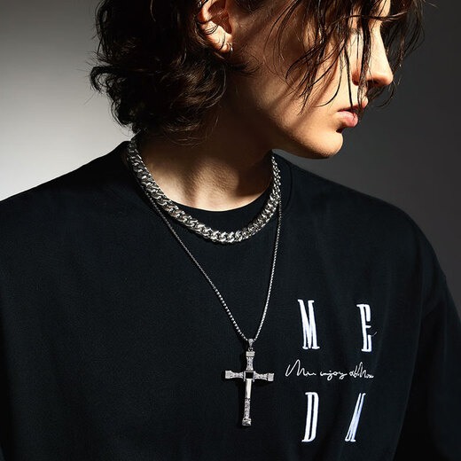 Mingyang Decorative Sea 925 Silver Cross Necklace Men's Trendy Fast and Furious Pendant Birthday Gift for Boyfriend Cross Pendant with Hexagonal Silver Chain 60CM