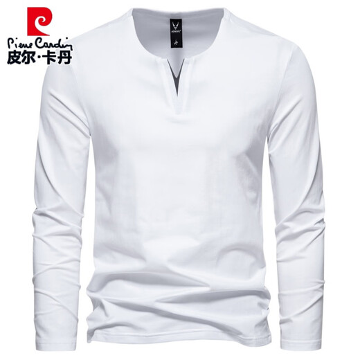 Pierre Cardin Henry heavyweight men's long-sleeved T-shirt with spring and autumn slim casual v-neck solid color bottoming shirt clothes top dark gray L