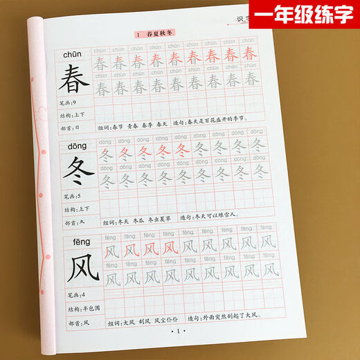 
First-grade first-grade second-grade copybooks, elementary school students practice copybooks, beginners textbooks, Chinese synchronous tracing of red people's education version, 844 characters, first-grade first-grade + second-grade