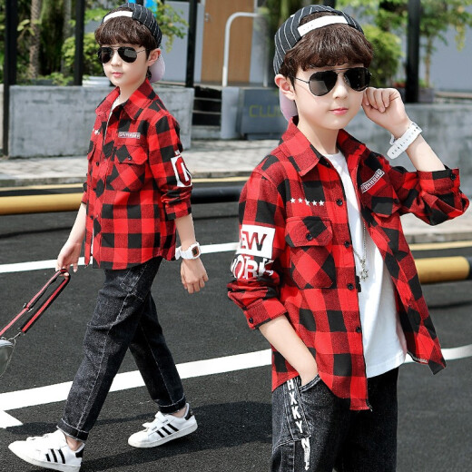 Xinyu Children's Clothing Boys' Shirts Long Sleeves 2020 Spring and Autumn New Children's Shirts Casual Bottoming Shirts Medium and Large Children's Plaid Shirts Korean Fashion Little Boys Cotton Tops Autumn Clothes Red 160 Recommended Height 145-155cm