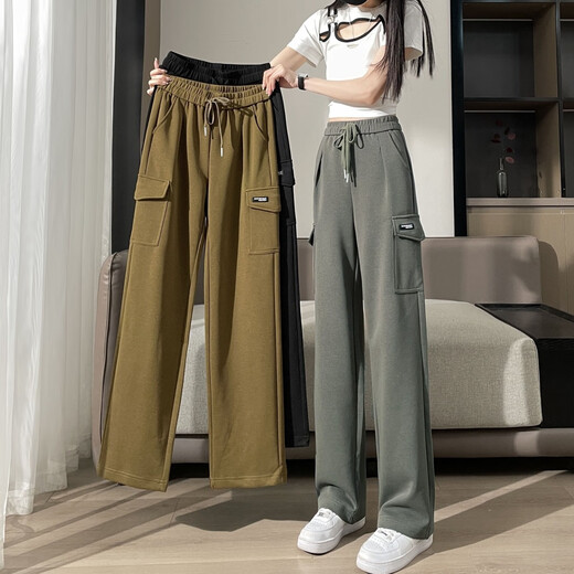 皮尔卡丹高档ins工装裤女2024春秋新款高腰宽松显瘦休闲百搭直筒阔腿长裤 棕黄色9901 L  建议105-115斤
