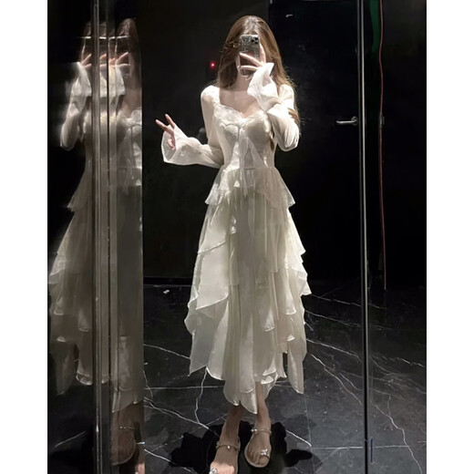 Yanlifen Französisch sanfte Stil Weiß Chiffon Kleid Frauen Herbststil Temperament Schöne unregelmäßige Geburtstagskleid Sommerkleid L L.