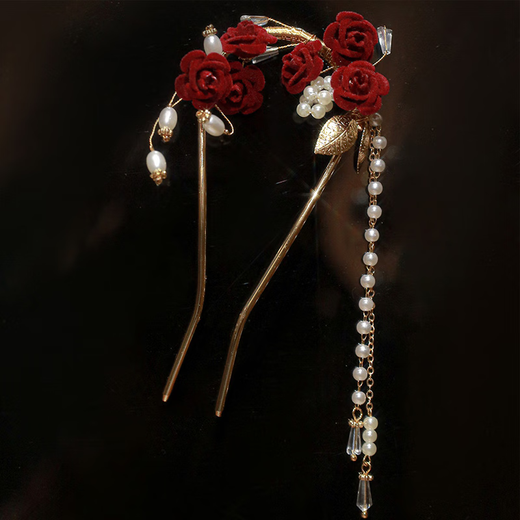 Book millet red rose flower tassel hairpin, high-end U-shaped hairpin for women, ancient style Hanfu cheongsam, hairpin, bride's toasting attire, new Chinese style national style tassel hairpin, gold