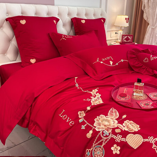 Antarctic wedding four-piece set of grinding tribute satin thickened big red wedding dowry Chinese wedding quilt full set, romantic 1.5-1.8 meters bed four-piece set (quilt cover 200*230)
