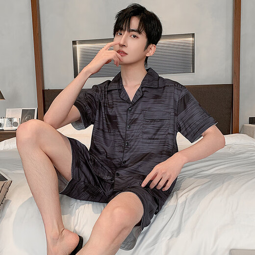 浪莎（LangSha）冰丝睡衣男士夏季短袖薄款仿真丝家居服男式中青年夏天丝绸套装 LQY6636 L 165-170CM/115-130斤