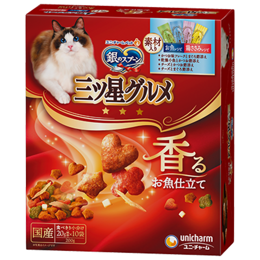 Du Lailin Japan's original imported silver spoon Samsung gourmet cream cat biscuits crispy silver spoon cat food hair removal snacks chicken and fish recipes chicken and fish comprehensive 4 flavors + materials 1 box