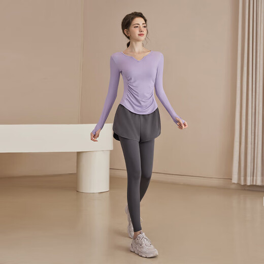 LULUUVTTOH yoga clothing suit women's Pilates autumn and winter fitness long-sleeved tops breathable running sports training clothes gray fake two-piece trousers L