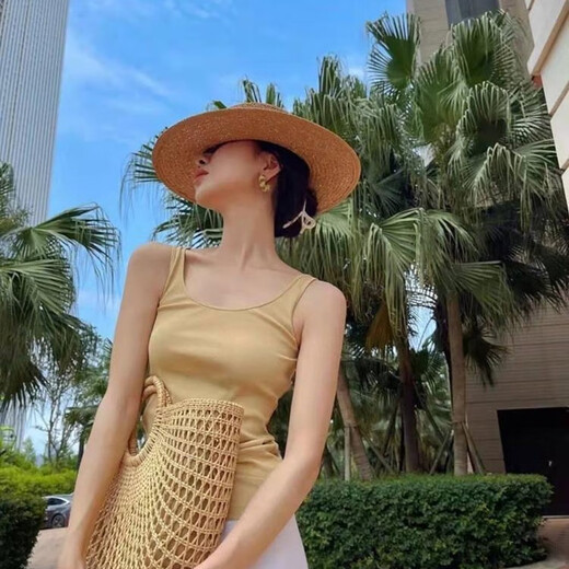欧品朵法式草编礼帽网红凹顶时尚宽檐遮阳帽女春夏季度假旅行沙滩英伦复 卡其黑带