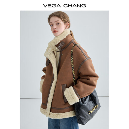 VEGA CHANG皮毛一体短外套女2024冬旷野美拉德加绒机车风大衣oversize 焦糖棕 M