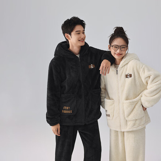 Kissing Cat Soft Velvet Hooded Couple Pajamas Women's Autumn and Winter Men's Suits Home Clothes Thickened and Can be Weared Outside 4749 Milkshake White Women's L