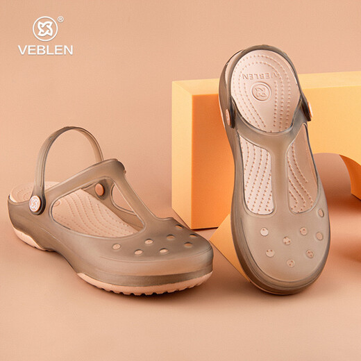 Veblen Croc Shoes Women's Summer Non-Slip Thick Sole Outer Slippers Soft Sole Flat Heel Baotou Sandals Crystal Jelly Beach Shoes Dark Gold 39 Regular Size Regular Shot