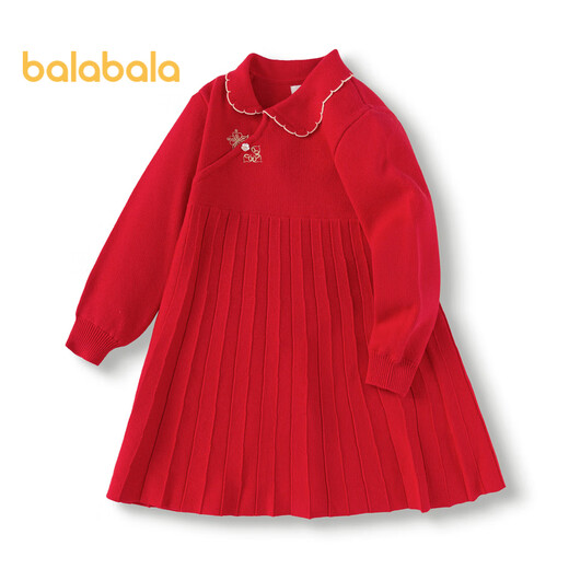 Balabala girls new Chinese style knitted dress 2025 spring red pleated princess New Year skirt 208125111001
