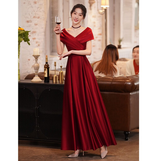 Seidler Toast Wear Bridal 2025 New Summer Satin Burgundy Engagement Wedding Evening Dress Can Be Weared One Shoulder Burgundy M