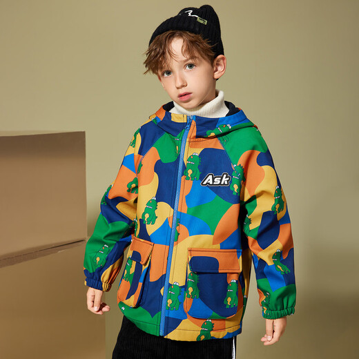 ASK JUNIOR Boys' Jacket 2025 Winter Children's Cartoon Print Fashion Thin Velvet Hooded Jacket Mountaineering Jacket Camouflage 150
