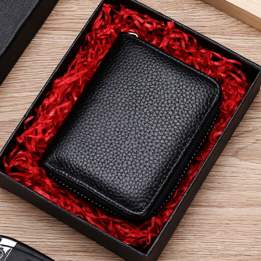 QIGER genuine cow pickup bag men's anti-degaussing card holder ultra-thin anti-theft ID bag large capacity women's bank card compact card holder mirror window style black [20 grids + 2 mirror windows]