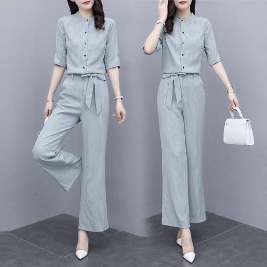 Hanya Casual Pants Women's Fashionable Suit 2021 Summer New Women's Fashionable Age Reduction Suit Casual Temperament Wide Leg Pants Goddess Trendy Suit Gray Blue Stripe XL [Recommended 120-130Jin [Jin equals 0.5kg]]