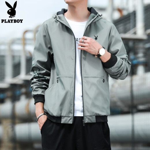 Playboy Jacket Men's Jacket Spring Men's Hooded Clothes Korean Style Fashion Casual Tops Youth Outerwear Boys Spring Men's Bean Green XL