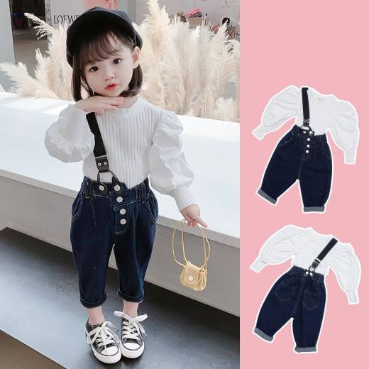 Haizhile Children's Clothing Girls Autumn Clothing Set 2021 New Children's Overalls Two-piece Set Western Style Three-Year-Old Baby Girl Autumn Little Girl Clothes Trendy Dark Blue 100 Size Recommended Height 100cm