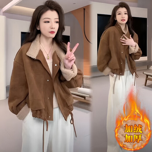 NYIG小个子复古加绒加厚保暖短外套女冬季新款皮毛一体羊羔绒夹克上衣 棕色 M (建议100斤以内)