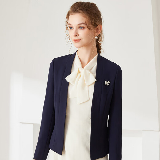 JANE STORY 2026 Spring New Short White Suit Jacket Women's High-Quality Work Clothes Professional Collarless Suit Top Dark Blue XL