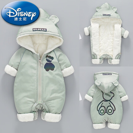 Disney (Disney) 2025 Newborn Baby Winter Clothes Plus Velvet Quilted Baby Onesies Going Out Thickened Cotton Clothes Romper Winter BB-Print Bear Green Winter Clothes 90cm 90 Sizes (19-24Jin Jin is equal to about 0.5 kg)