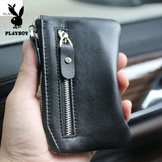 Playboy (PLAYBOY) same style men's coin purse women's small mini cowhide short driver's license bag key bag small wallet coin storage bag classic black