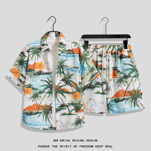 MOLOON swimsuit men's beach flower shirt suit loose large size Hawaii seaside vacation casual couple shirt suit 3682 suit XL (recommended weight 125-145Jin Jin equals 0.5 kg)
