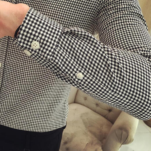 
MGJO flannel shirt men's plaid shirt men's long sleeves 12 spring and autumn high-end inner wear Korean style trendy slim fit and handsome no-iron casual business shirt 9923 small plaid black L 115Jin [Jin equals 0.5 kg] wear below