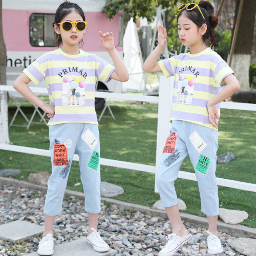 Senpa Children's Clothing Girls Suit Children's Internet Celebrity Summer Clothes 2020 Summer New Korean Version Middle and Large Children's Student Short-Sleeve Girls Fashionable Two-piece Set Trendy Striped Balloon Girls Suit 150 (recommended height is around 145)