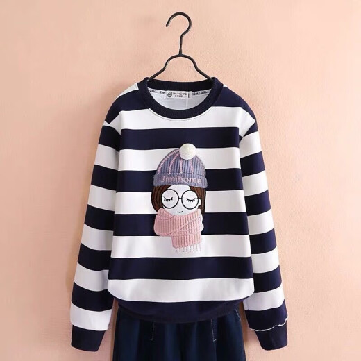 Sajiaowa children's clothing girls' sweatshirts girls' bottoming shirts autumn and winter thin thick long-sleeved T-shirts 2020 bow T-shirts for big children versatile tops four-color powder blue stripes plus velvet style 150 (recommended height is about 145cm)