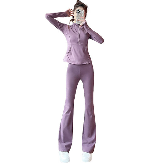 Aimengniao yoga clothing fitness sports suit for women 2024 new Pilates running training quick-drying clothing high-waist micro-flared pants suit pink purple + purple M