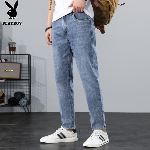 Playboy (PLAYBOY) jeans men's 2025 spring and autumn new trendy straight loose pants men's casual elastic Korean version of nine-point pants dark blue X-6115HH9901 28
