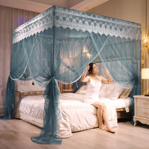 Antarctic man mosquito net three-door stainless steel bracket floor-standing heightened encrypted tent yarn palace square top princess style European mosquito net colorful - sea blue 1.5*2.0 meters bed