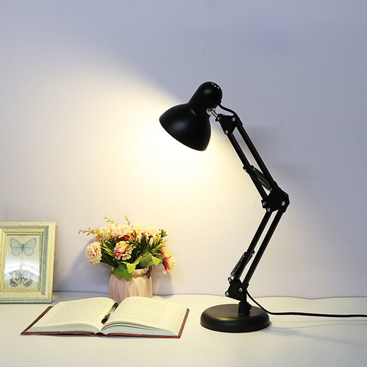 American metal folding table lamp, college student work and study dormitory bedside iron table lamp, replaceable light bulb, black base, button switch