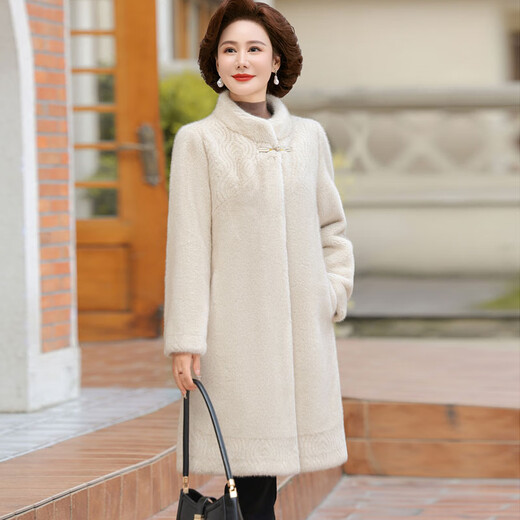 Nuo Ni's mother's winter warm tops imitation mink fur all-in-one coat for middle-aged and elderly women new Chinese style woolen coat tribute beige L recommended 115-130 Jin Jin equals 0.5 kg (high-end atmosphere)