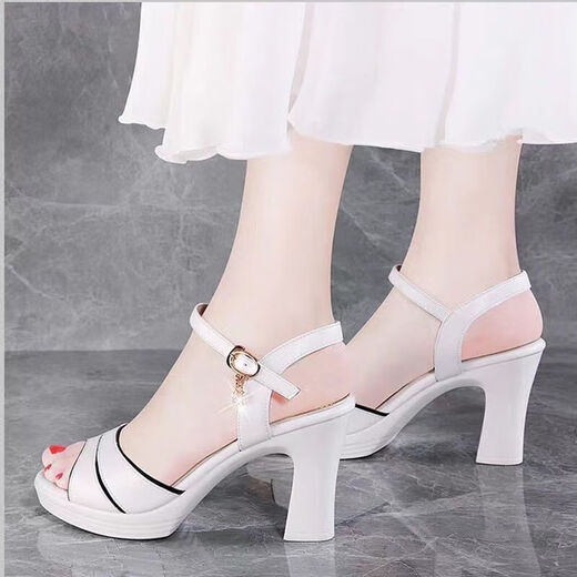 
Huilijun 2024 summer new thick heel sandals for women's high heels versatile one-liner mid-heel fish mouth shoes waterproof platform shoes white 35