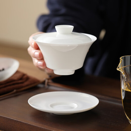 Yipin Workshop Chaozhou Bone China Thin Body Sancai Covered Bowl Small Tea Cup Kung Fu Tea Set High-end Tea Bowl with Lid Elegant High Bone China Thin Body Covered Bowl + 3 Bone China Taste Cups