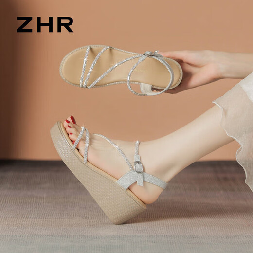 Zhr Sandalen Frauen Flash Drill Rampenhalsriemen Frauenschuhe elegante Dame Stil vielseitige Schuhe für Frauen M571 Tarnung Silber 37