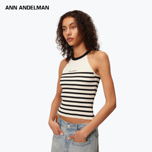 Ann Andelman [mismo modelo en la celebridad] Venta directa oficial chaleco rayado de cuello