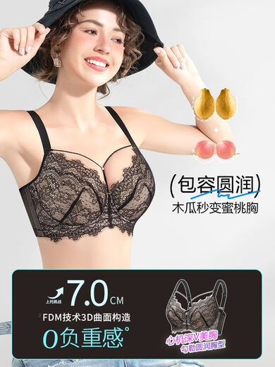 Sugar fat mm plus size underwear, big breasts are made smaller, anti-sagging, side breasts shrinking, soft steel ring bra, bra, light and thin, black and translucent - soft steel ring 85C