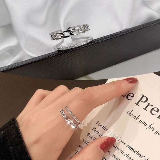 2024 new style zircon double-layer twist hollow ring, fashionable and versatile index finger jewelry, open adjustable ring, twist ring, silver